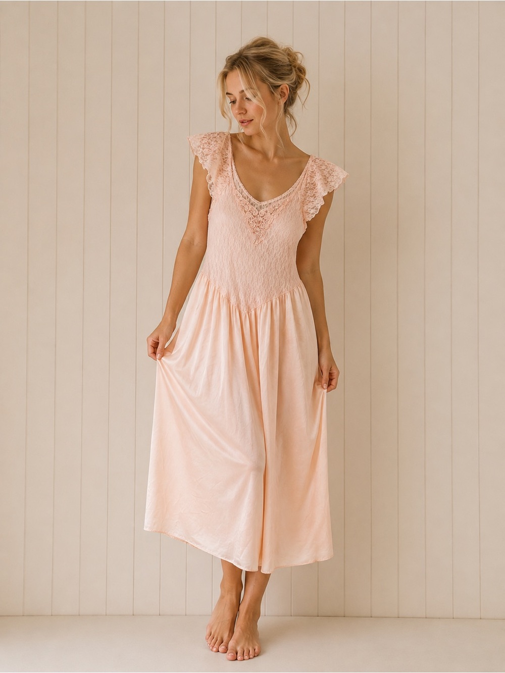 Vintage 90s Blush Pink Nylon Nightgown Lace Beaded Long Romantic Slip Dress